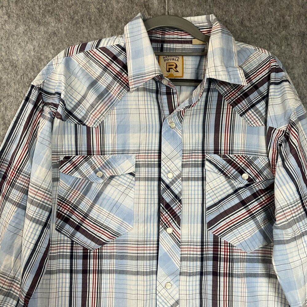 Resistol Western Shirt Mens Large Blue Plaid Long Sleeve Pearl Snap Cowboy Rodeo